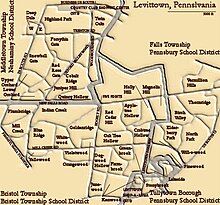 Map of the municipalities, school districts and original sections of Levittown; the thick gray lines are municipal borders. Levittown8.jpg