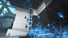 Portal 2 features gels that impart special properties to surfaces or objects they touch. Here, blue Repulsion Gel causes the painted turrets to bounce off any surface. Portal 2 paint.jpg