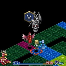 Screenshot, showing an encounter between two demons in a tile-based arena