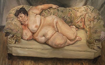 Benefits Supervisor Sleeping, 1995, a very large portrait of "Big Sue" Tilley, showing his handling of flesh tones, and a typical high viewpoint