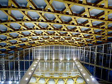 Interior view of the carpentry structure at night. On the Gallery 1's roof, Daniel Buren, Echo of Echos, in December 2011 Carpentry Centre Pompidou-Metz at night.jpg