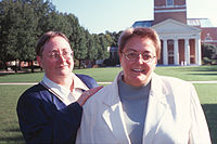 Susan Parker (right) and Wendy Scott (left) stand in front of Wake Forest University's Wait Chapel in this production still from A Union In Wait. SusanParker and Wendy Scott - A Union In Wait.jpg
