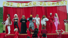 Drag queens portraying Ariana Grande, Lady Gaga, Adele, Cardi B, Taylor Swift, Beyoncé, Katy Perry, and Nicki Minaj (from left to right).