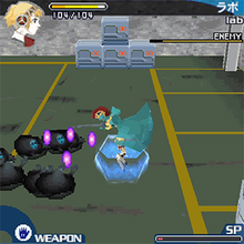 As the robot Aigis, the player fights enemies using weapons and her persona Palladion. Aegis TFM gameplay.png