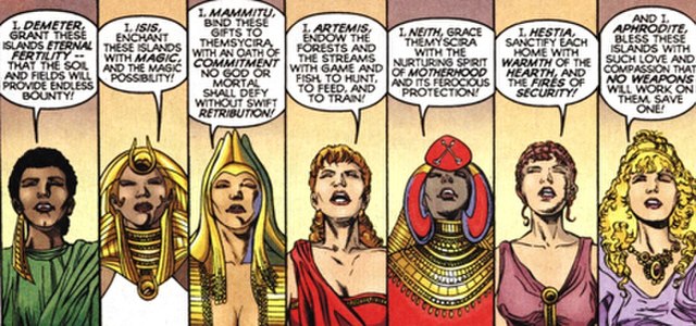 The Olympian and Bana-Mighdallian goddesses each bless Themyscira as it is rejuvenated; art by Phil Jimenez.