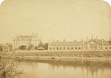 An 1855 photograph of the same two institutions. In 1857, Grant Medical College became one of three institutions affiliated with the newly established University of Bombay. The college was funded partly by the Jeejeebhoy family and partly by the East India Company.