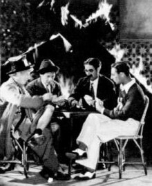 In this now lost, deleted scene from Horse Feathers, the Marx Brothers are seen playing poker as Huxley College goes up in flames around them