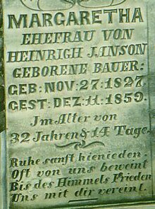 Gravemarker inscribed in German in the old section Margaretha Bauer Janson.jpg