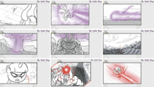 Nine panels from a storyboard of "Twilight's Kingdom" depicting an action sequence between Twilight and Tirek.
