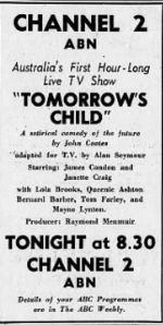 1957 TV oyunu tomorrowschild.png için gazete reklamı