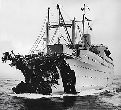 26 July 1956: After colliding with Andrea Doria, Stockholm, with severely damaged bow heads to New York