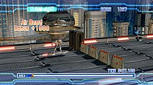 The player gliding across the level with the hoverboard. The player's score is displayed at the top right, and the timer at the bottom. Aero-Cross screenshot.jpg