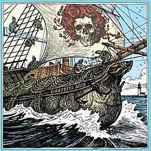 A wooden sailing ship with a crew of turtles, and a skull and roses design on the——mainsail