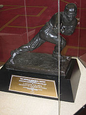 Heisman Trophy which was awarded to USC Trojans quarterback Carson Palmer at the Yale Club in 2002. Carsonpalmerheisman.jpg