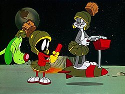 Bugs Bunny, disguised as a Martian, hands Marvin the Uranium PU-36 Explosive Space Modulator. Animation by Ken Harris.