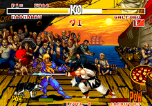 Gameplay screenshot showcasing a match between Haohmaru and Galford D. Weller in San Francisco. NEOGEO Samurai Shodown (Samurai Spirits).png