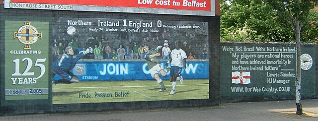 The Our Wee Country mural in east Belfast commemorating Northern Ireland beating England at home in 2005.