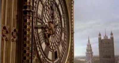Hannay (Powell) hanging from Big Ben during the film's denouement. The scene was a departure from Buchan's novel, but was added because the Houses of Parliament represented the centre of British power in 1914.