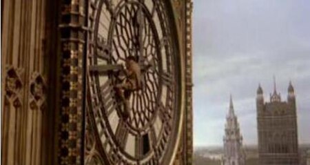 Hannay (Powell) hanging from Big Ben during the film's denouement. The scene was a departure from Buchan's novel, but was added because the Houses of 