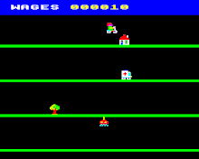 Acorn Electron screenshot. Dennis is jumping over a house on his motorbike. DaredevilDennis elk.gif