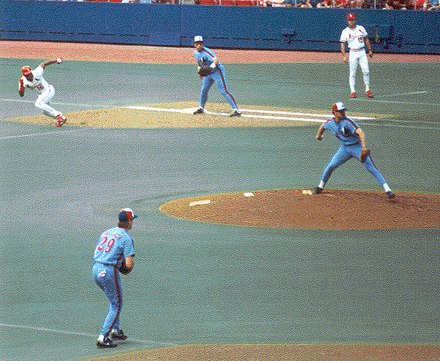 The Expos, wearing their powder blue road uniforms, face the St. Louis Cardinals in 1991