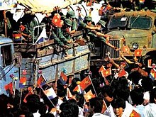10 years of the Vietnamese occupation of Kampuchea officially ended on 26 September 1989, when the last remaining contingent of Vietnamese troops were pulled out. The departing Vietnamese soldiers received much publicity and fanfare as they moved through Phnom Penh, the capital of Kampuchea. Phnom Penh 1989.jpg