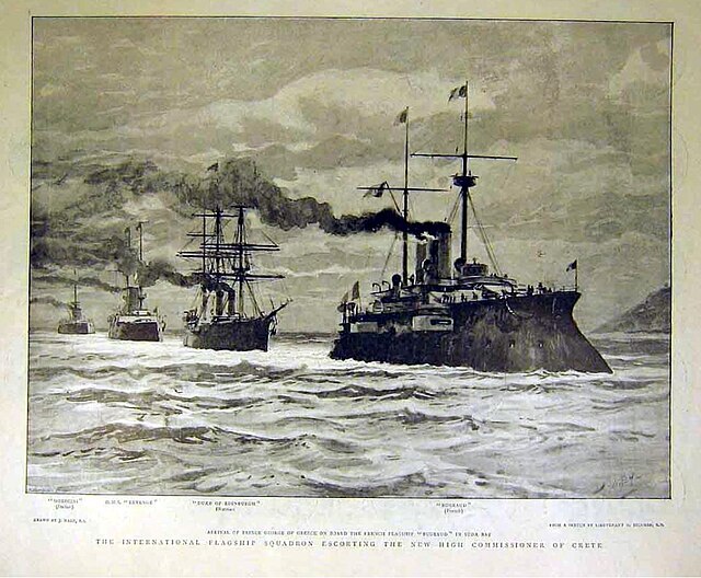 Illustration of units of the International Squadron arriving at Suda Bay, Crete, on 21 December 1898. The French protected cruiser Bugeaud, carrying P