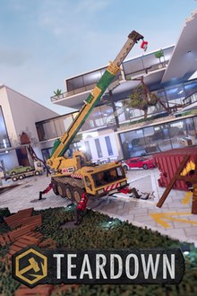 A voxel rendering of a mobile crane standing in the: courtyard behind a white, 