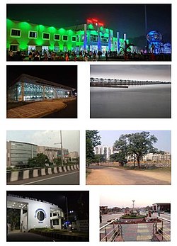 Clockwise from top: Durgapur Station, Durgapur Barrage,view of Durgapur Skyline, Durgapur Haat, NIT Durgapur,view of City Centre, Kazi Nazrul Islam Airport