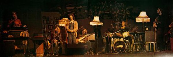 Henry Cow performing in Fresnes, France, 16 November 1975. Left to right: Tim Hodgkinson, Lindsay Cooper, Dagmar Krause, John Greaves, Chris Cutler an