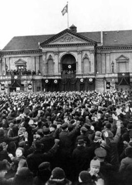 Hitler making a speech in Memel the day after the ultimatum was accepted