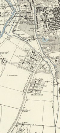 Portion of an 1886 ordnance survey map showing the overground course of Hobson's Conduit and Vicar's Brook Hobson's-brook-Vicar's-brook=.png