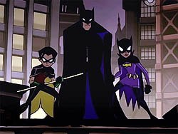 The Batman Family (Robin, Batman, and Batgirl) as they appeared in the season 4 and season 5 intro.