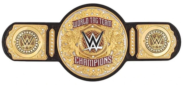The current World Tag Team Championship belt with default side plates (2024–present)