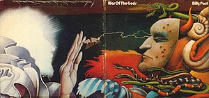 The outer gatefold image of War of the Gods depicts the full artwork, normally unseen if only the front cover is visible. War of the Gods Gatefold Cover.jpg