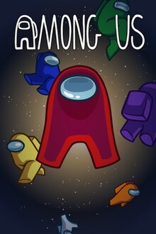 Cartoon astronauts in colored spacesuits floating through space. A bright light and many stars are visible behind them. In front of them is the words "Among Us", with the "A" replaced by an astronaut.