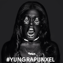 Frightening, dark image of a woman with mouth agape and her eyes replaced by said mouth; the hashtag "YUNGRAPUNXEL" at bottom