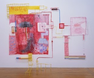 Diana Cooper, The Multicolor One, acrylic, felt tip markers, felt, acetate, paper, pipe cleaners, and pom poms on canvas, wall and floor, 87" x 107" x 37", 1997-8. Diana Cooper The Multicolor One.jpg