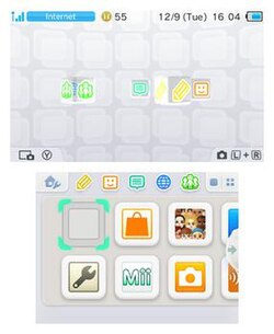 The Nintendo 3DS Home Menu as of system version 9.3.0-21. The upper screen displays a 3D animated logo for each individual app, while the bottom screen displays application icons. Nintendo 3DS Home Menu.jpg