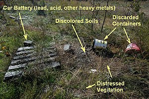 The observation of signs of environmental conditions may require the use of an extraordinary assumption that the property is not contaminated if the nature and extent of contamination are unknown or can't be determined by the appraiser, depending on the scope of the appraisal and the needs of the client. UserKTrimble-Possible Environmental Contamination Property Example.JPG