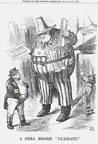 John Bull (Great Britain) is dwarfed by a gigantic inflated American "Alabama Claim"cartoon by Joseph Swain in Punch--or the London Charivari January 22,1872. A still bigger claimant-- 1872 PUNCH.jpg