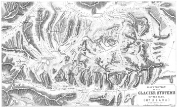 This illustration of the glacier systems of the Mont Blanc massif by Alexander Keith Johnston was first published 1848 in The Physical Atlas. Illustration of the Glacier System of the Alps by Alexander Keith Johnston 1848.png