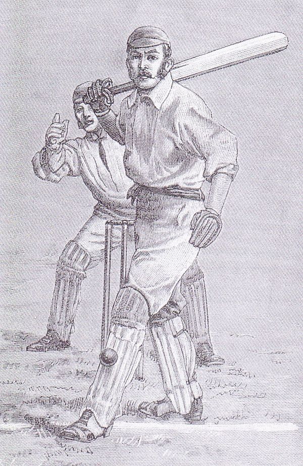 A 1904 illustration from the Badminton Library's Cricket, showing a batsman who is leg before wicket. The original caption was "A clear case" [of lbw]