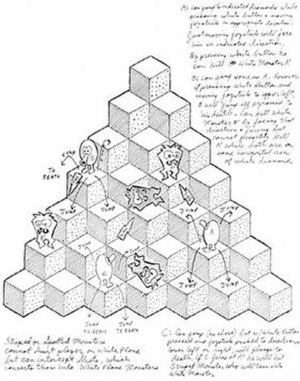 In this concept sketch, Q*bert is still depicted shooting his foes. The sole enemy type depicted appears to be Ugg or WrongWay, although some are posi