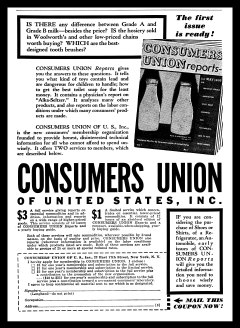 Advertisement for the first issue of Consumer Reports from the Communist Party's arts and contemporary politics magazine, The New Masses 3612-FirstConsumerReportsAd-NewMassesv19n08-pg24.tif