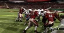 In-game screenshot of a player playing on defense. Backbreaker uses an "on the field" camera view much closer to the player than other football video games. Screen shot 2010-07-17 at 4.34.10 PM.png