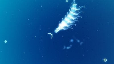 The PlayStation 3 version of Flow, showing the player's creature—a multi-segmented worm-like creature—in the top center of the screen. Small edible cr