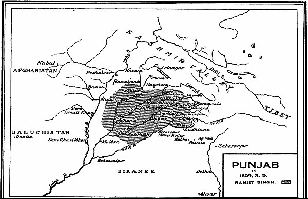 The expanding Sikh Empire in 1809. The Cis-Sutlej states are visible south of the Sutlej River