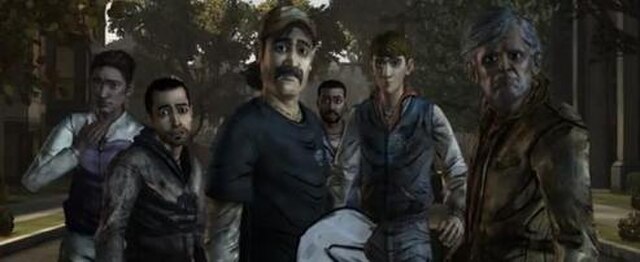 Several members of the main cast of survivors of The Walking Dead by Episode 4. From left, Christa, Omid, Kenny, Lee, Ben, and Chuck.