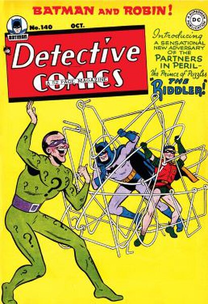 Cover of Detective Comics #140 (October 1948), the first appearance of the Riddler. Art by Win Mortimer.